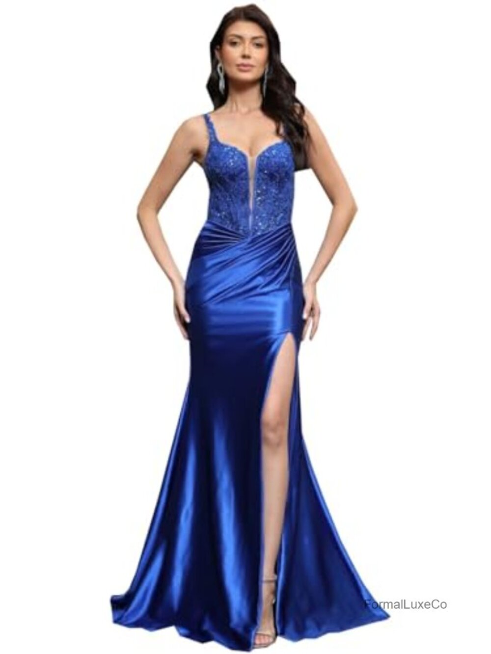 Satin Mermaid Prom Dress Lace Beaded Corset V Neck Formal Gown